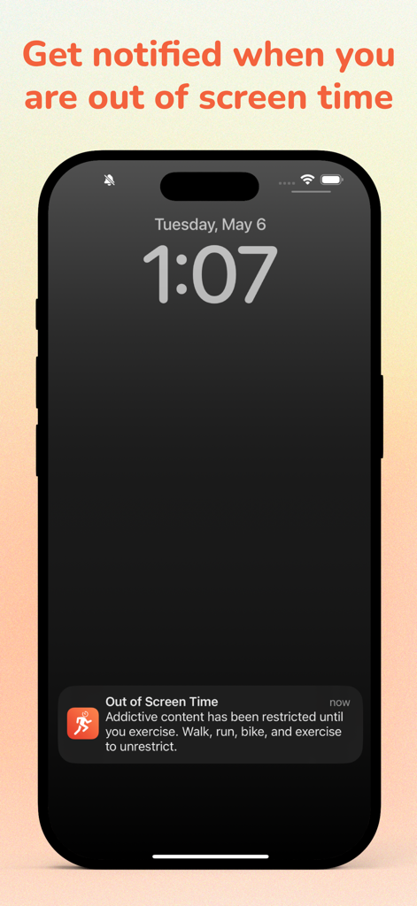 Run For Fun: Screen Time Focus - Una pantalla de bloqueo de iPhone que muestra una notificación de fin de tiempo de pantalla de la aplicación Run For Fun.