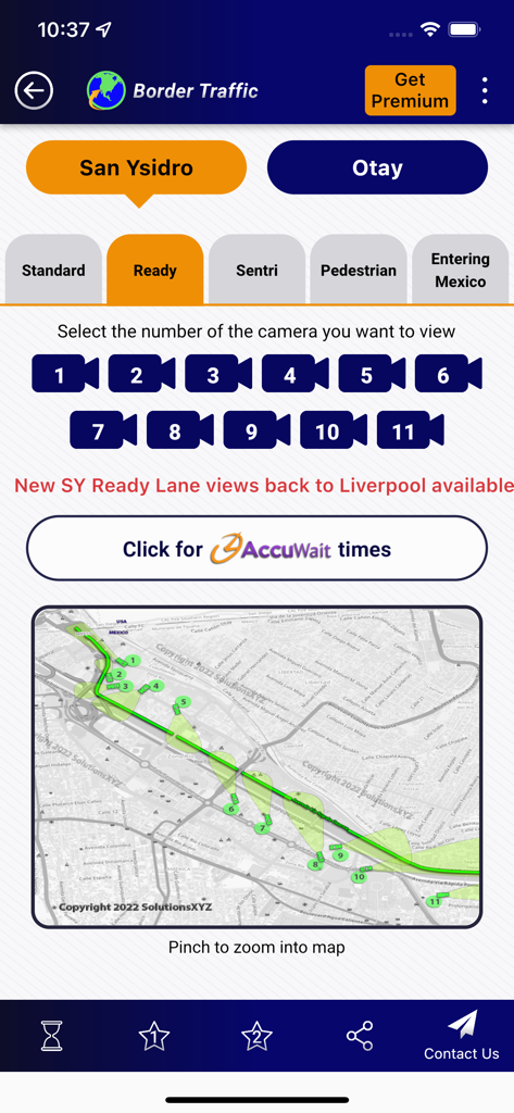 Interfaz de la aplicación Border Traffic que muestra la selección de cámaras del carril Ready de San Ysidro y un mapa de tráfico