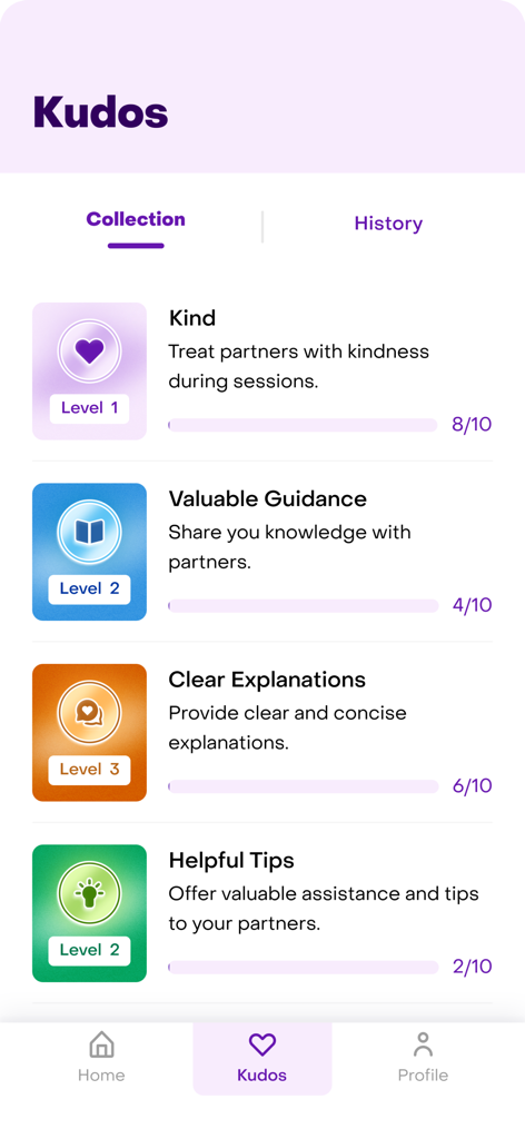 Arcade AI - Arcade AI Kudos-Bildschirm zeigt verdiente Fähigkeitsabzeichen und Fortschrittsstufen.