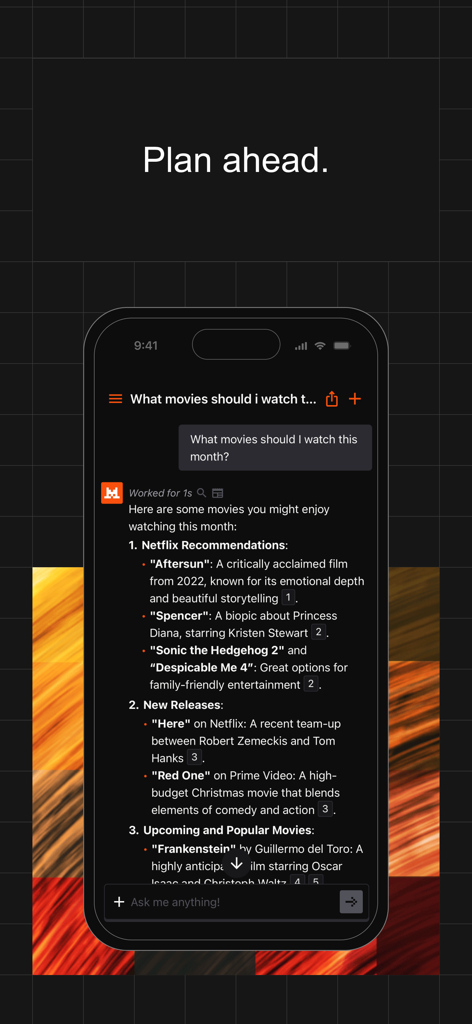 Le Chat by Mistral AI - Smartphone screen showing Le Chat by Mistral AI providing curated movie recommendations and new releases to help users plan their month.