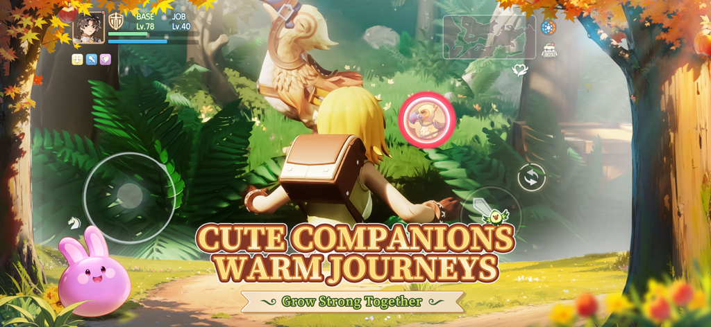 Um personagem do jogo em uma floresta exuberante com uma grande montaria de pássaro e um monstro Poring rosa com o texto Companheiros Fofos Jornadas Quentes