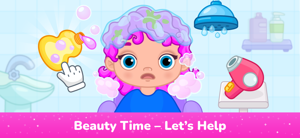 A cartoon girl having her hair washed in a kids beauty salon game