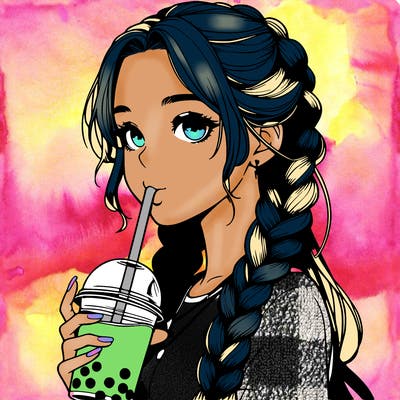 realistic girl with braided hair drinking boba