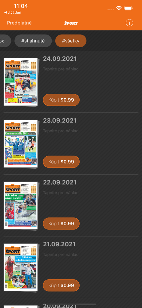A list of daily digital editions of the Dennik Sport newspaper available for purchase within the app