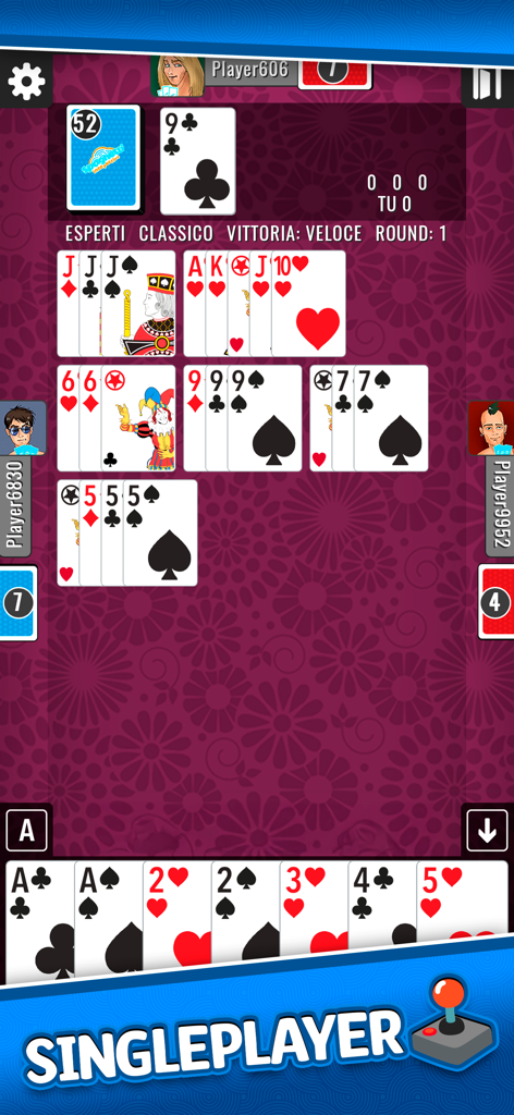 Scala 40 Più - Card Games - Scala 40 Più single player mode gameplay showing card sequences on a purple background.