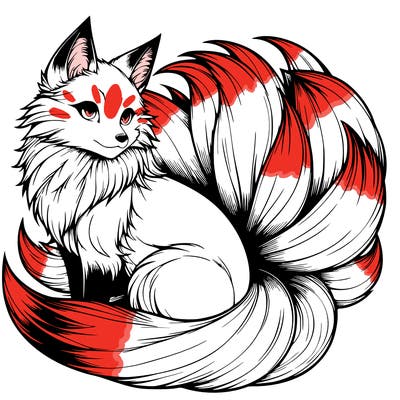 realistic detailed 9 tailed anime fox