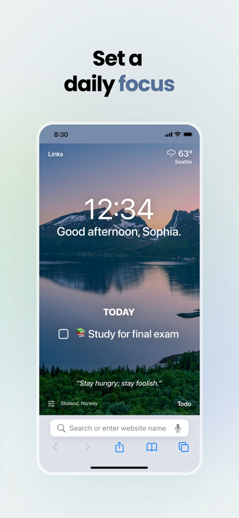 Momentum - Momentum App-Oberfläche, die eine tägliche Fokusaufgabe über einem malerischen Naturhintergrund auf einem iPhone zeigt