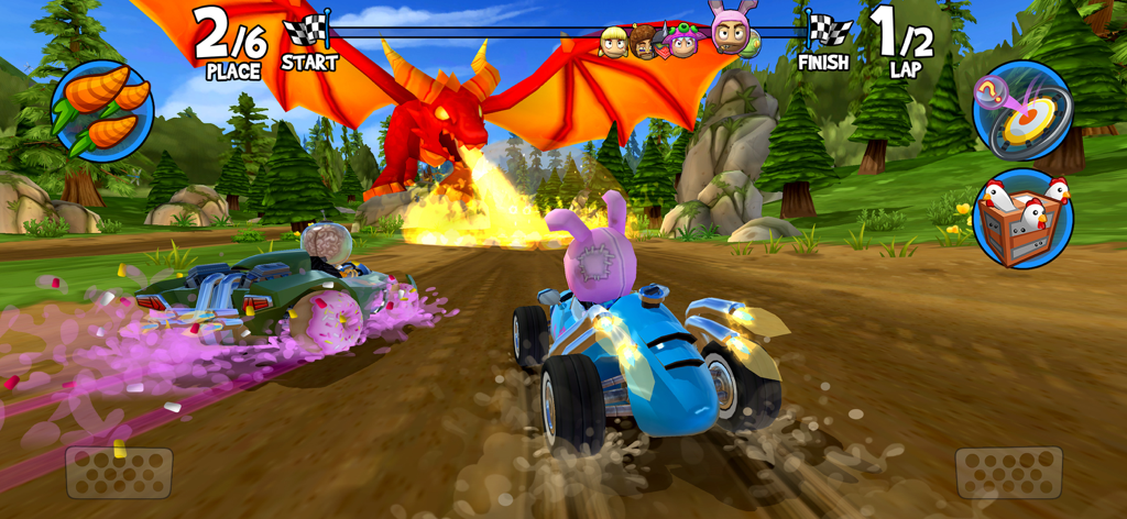 Beach Buggy Racing 2 - A kart race in Beach Buggy Racing 2 featuring a large fire breathing dragon on a forest track