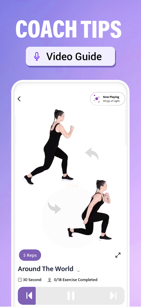 Flat Stomach Workout - 30 Days - Interfaz de la aplicación Rutina de Abdomen Plano con consejos del entrenador y una guía en video para los ejercicios.