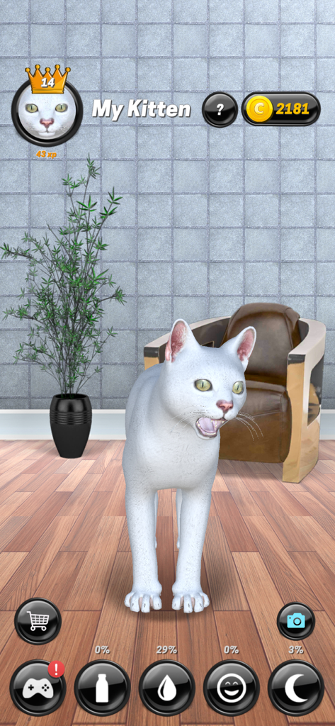 My Kitten (Cat Simulator) - A white kitten standing in a living room with virtual pet care icons in the My Kitten app.