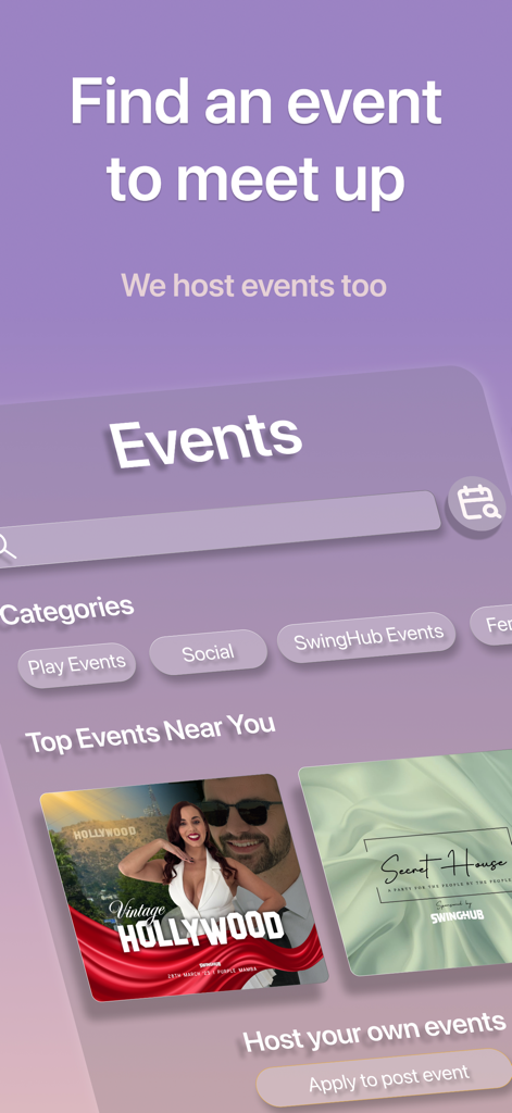 SwingHub: Open Dating & Social - Interface of the SwingHub app showing local lifestyle events and social gatherings categorized by play events and social meetups.