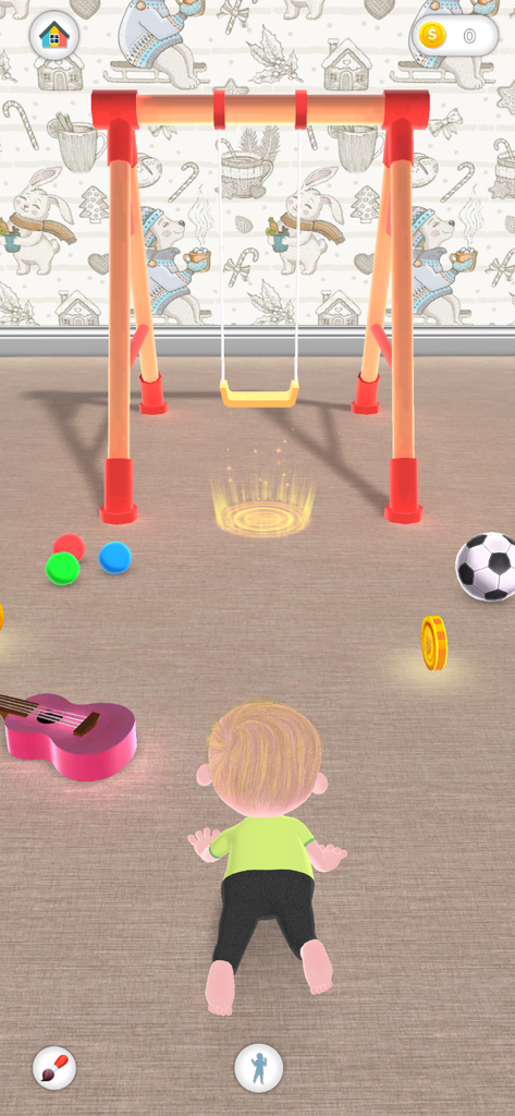 A virtual baby crawling in a playroom towards an orange indoor swing set with toys like a soccer ball and guitar.