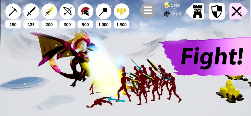 stick.war Dragon Legacy 3D - Un dragón atacando soldados stickman en un campo de batalla de montaña nevada durante el juego de stick.war Dragon Legacy 3D.