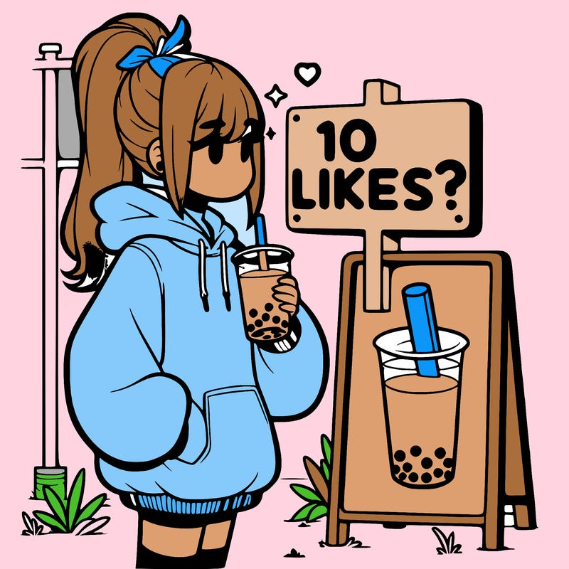 girl with oversized hoodie drinking boba and she has a high ponytail with a sign that says 10likes?
