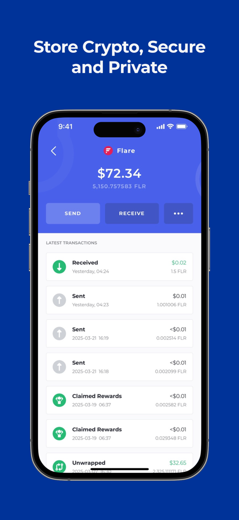 Bifrost Wallet mobile interface displaying Flare network balance and transaction history including staking rewards