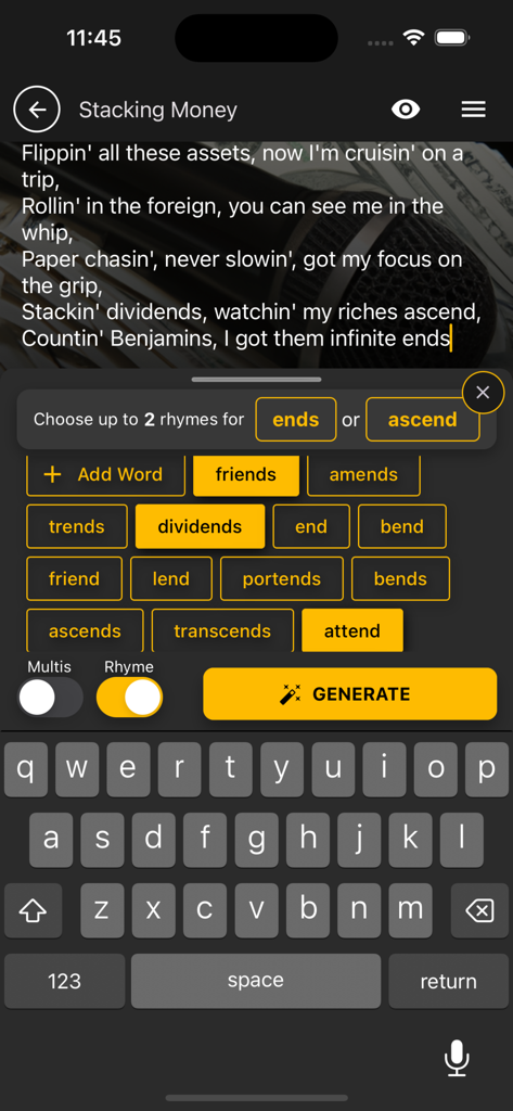 Staching Moneyというタイトルのラップソングの韻の提案を表示するGhostWriter AI Lyricsアプリのインターフェイス