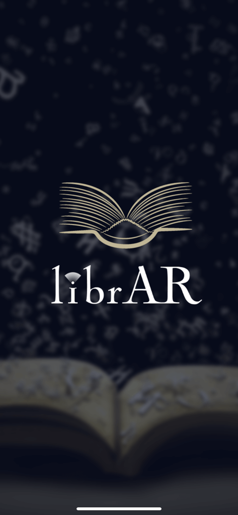 librAR app splash screen featuring the logo of an open book and the app name on a background of floating letters