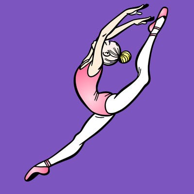 gymnast doing a leap in a leotard with a bent back leg