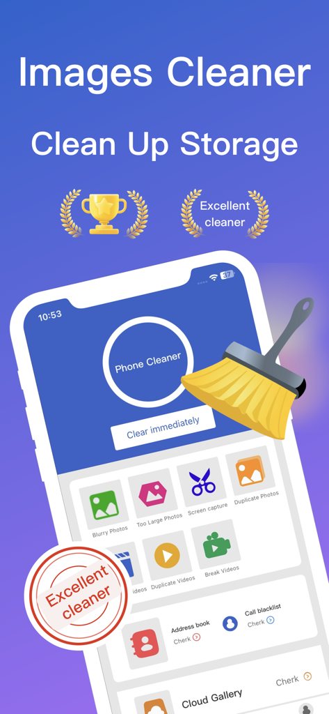 Phone Cleaner-Storage Clean up - Pantalla de smartphone mostrando la interfaz de la aplicación Phone Cleaner con herramientas de limpieza de almacenamiento