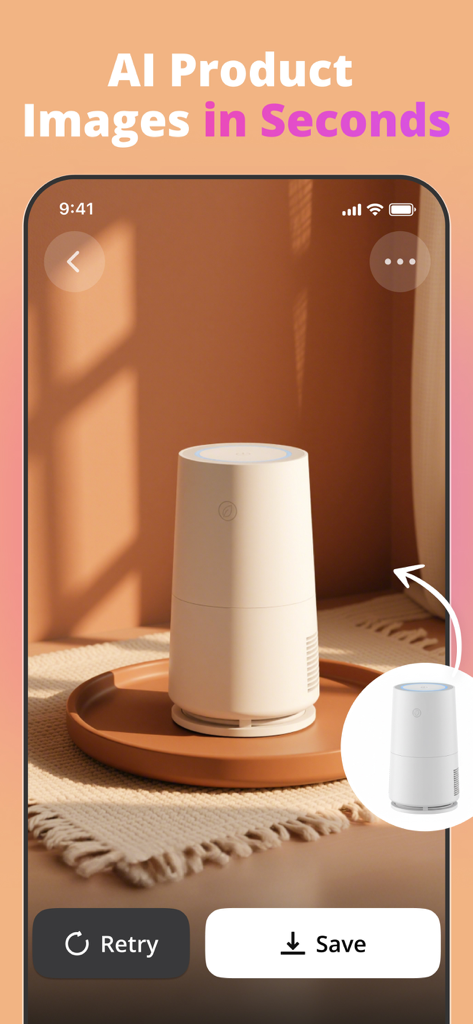 Kwik AI mobile app interface showing a product photo being transformed into a professional lifestyle scene using AI templates