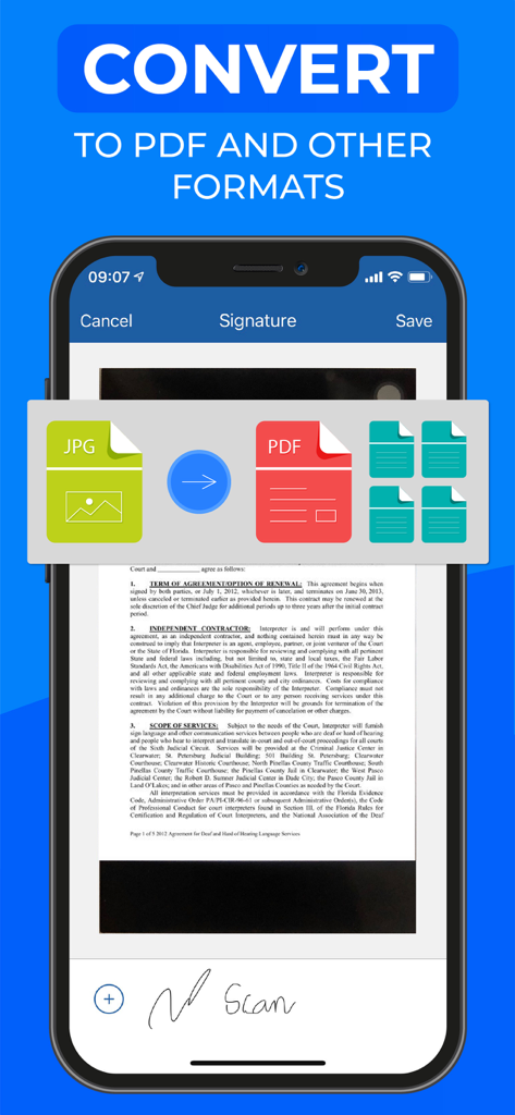 Interface do aplicativo móvel Scanner Z mostrando a conversão de documentos para PDF e JPG com recurso de assinatura digital