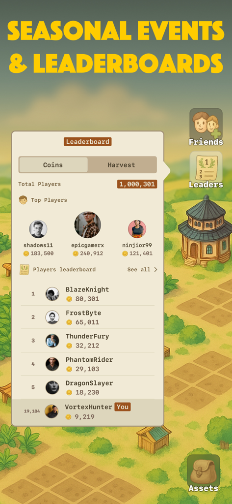 Idle Tea Farm Tycoon leaderboard screen showing top player rankings for coins and harvest
