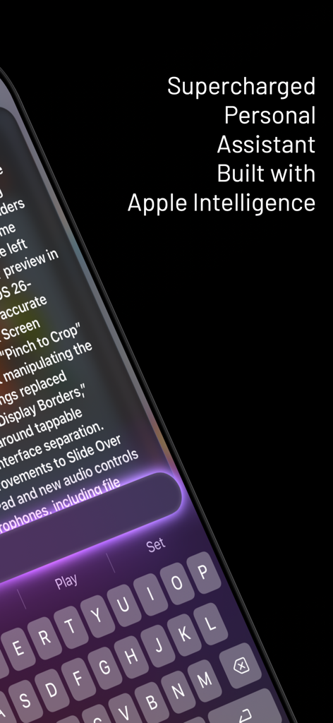 Mevolit - Device Updates - Mevolit mobile app screen featuring an AI personal assistant built with Apple Intelligence and a purple glowing keyboard.