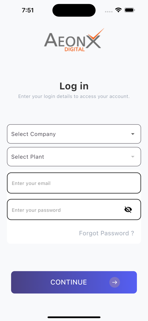 Terra Track - Pantalla de inicio de sesión de la aplicación Terra Track con campos para selección de empresa, selección de planta, correo electrónico y contraseña.