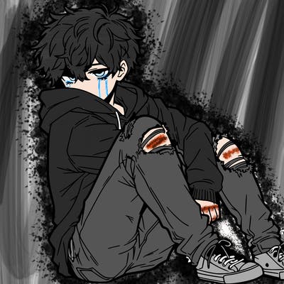 a male hoddie ripped jeans messy hair anime