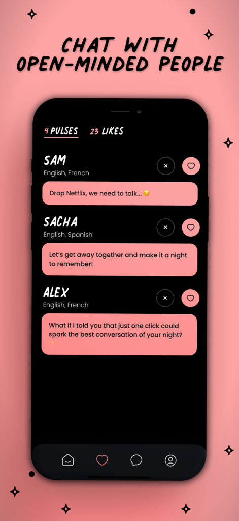 Hush app interface showing a list of anonymous user pulses and text based chat starters
