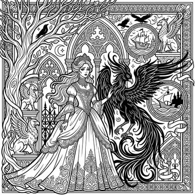 Step into a world where ancient legends meet dark romance with this stunning Gothic Myth and Folklore coloring page. Adorn a regal princess and her majestic phoenix amidst intricate gothic architecture, ready for your artistic touch.