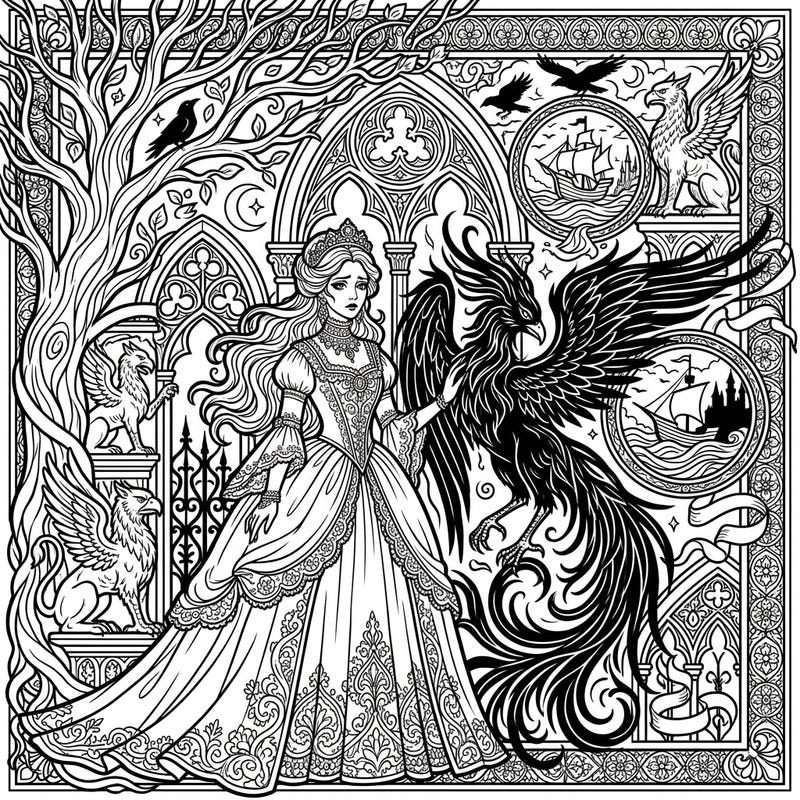 Step into a world where ancient legends meet dark romance with this stunning Gothic Myth and Folklore coloring page. Adorn a regal princess and her majestic phoenix amidst intricate gothic architecture, ready for your artistic touch.