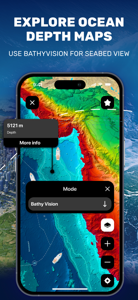 Marine Traffic ：Ship Tracker - A mobile app screen showing a colorful bathymetric ocean depth map with ship icons and seabed depth information using BathyVision.