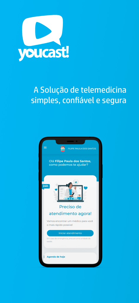Telemedicina E-saude - Interface do aplicativo Telemedicina E-saude mostrando uma opção de serviço médico 24h e o logo Youcast.
