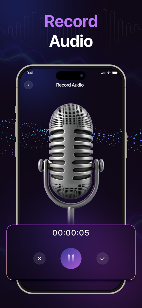 A mobile app interface for recording audio featuring a large vintage microphone graphic and a recording timer.