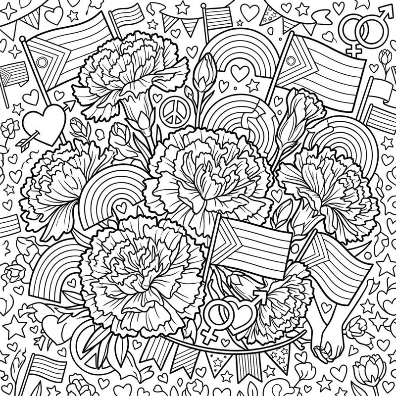 Dive into a celebration of love and diversity with this intricate carnations and Pride-themed coloring page, specially designed for creative teens. Explore detailed floral beauty intertwined with symbols of unity, perfect for a mindful and expressive coloring experience.