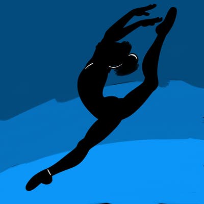 gymnast doing a leap in a leotard with a bent back leg