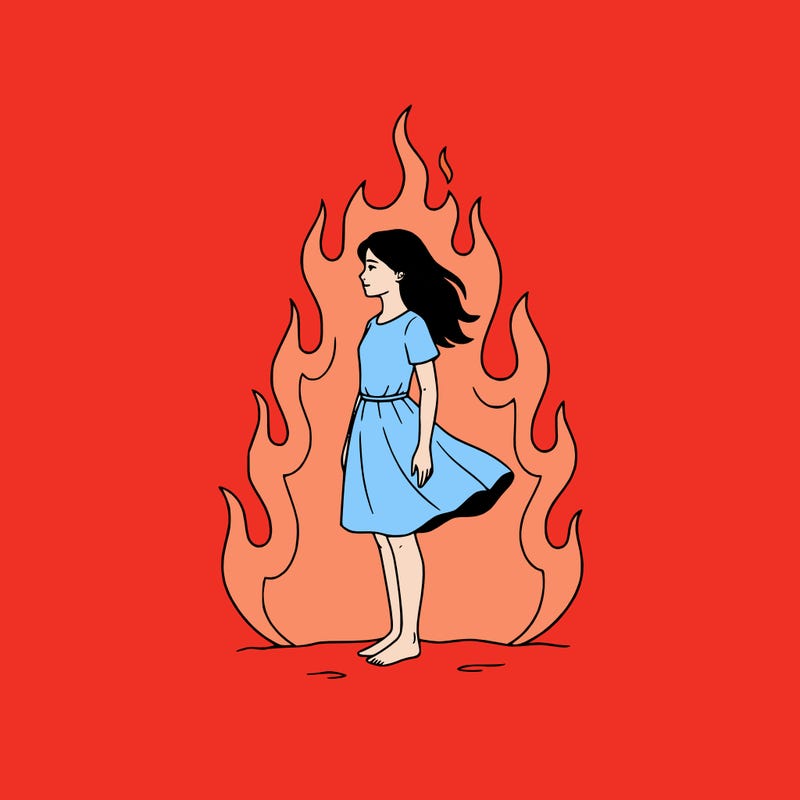 there is a fire but it's not so big but it's big but not too much and there is a girl standing in the middle