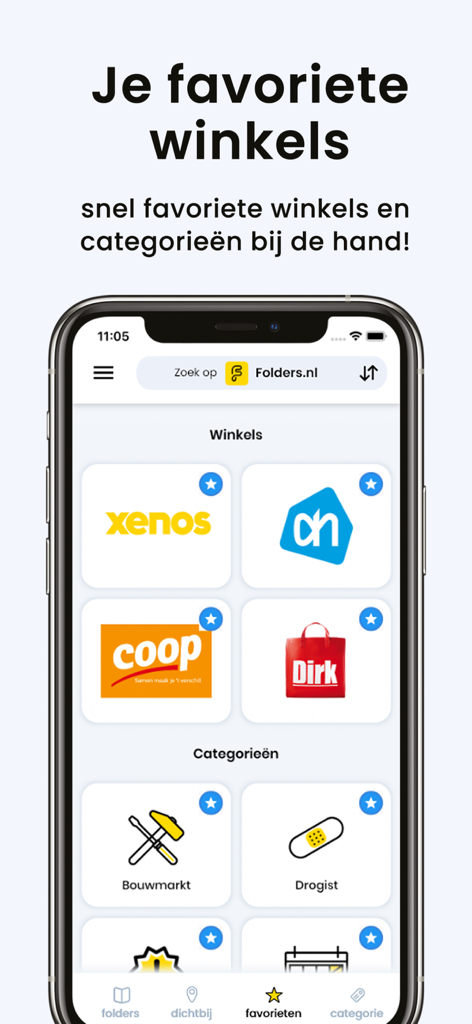 Folders.nl app screen displaying favorite stores and shopping categories for easy access to weekly deals