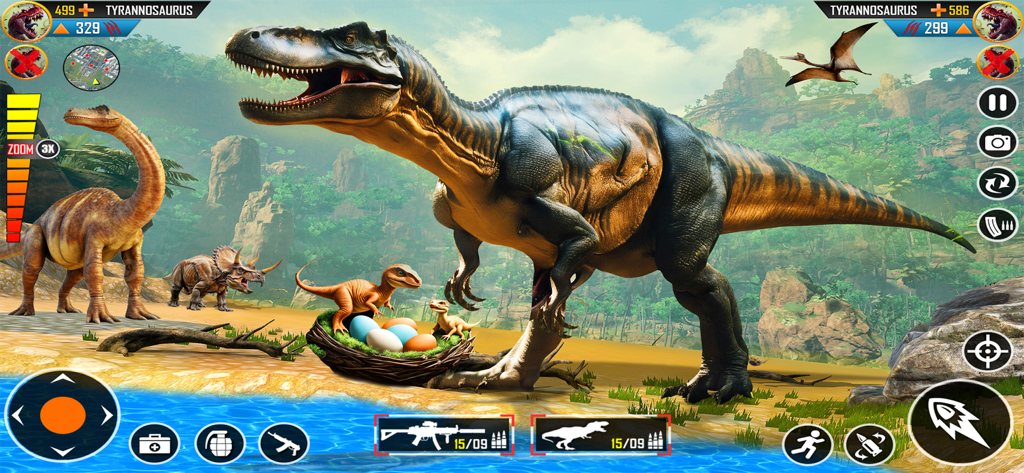 Dino Family Adventure Game - Tyrannosaurus Rex protecting a nest of eggs in a prehistoric landscape