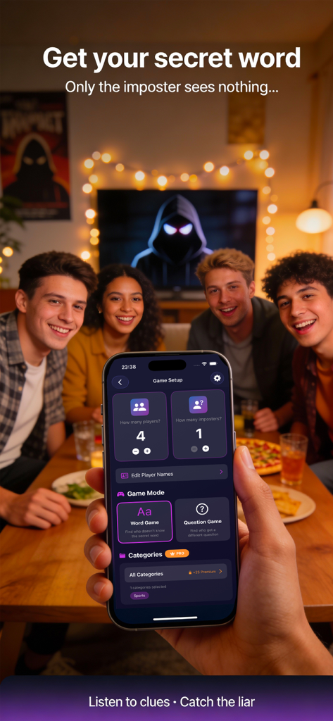 Imposter Party - Find the Liar - A group of friends playing the Imposter Party social deduction game on a phone at a dinner table