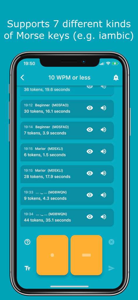 Morse Chat: Chat in Morse Code - Morse Chat app interface showing a 10 WPM chat room with dot and dash input buttons