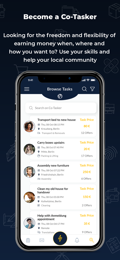 Co-Tasker - La interfaz de la aplicación móvil Co-Tasker muestra una lista de tareas locales disponibles y precios de servicios