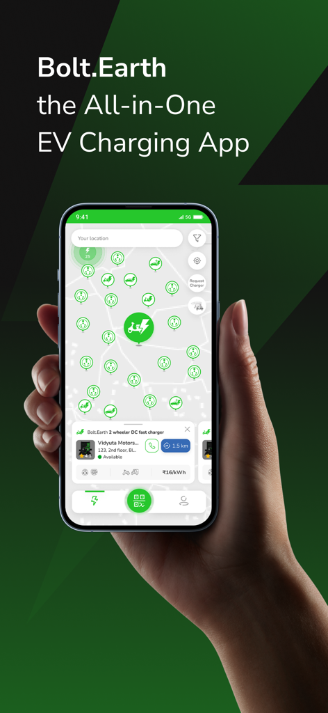 Pantalla de smartphone que muestra la aplicación Bolt.Earth con un mapa interactivo de estaciones de carga de vehículos eléctricos y disponibilidad en vivo