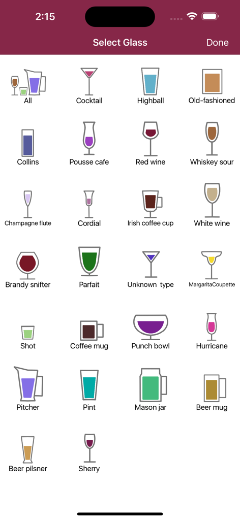 A grid of various drink glassware icons for selecting cocktail recipes in the Professional Bartender Suite app