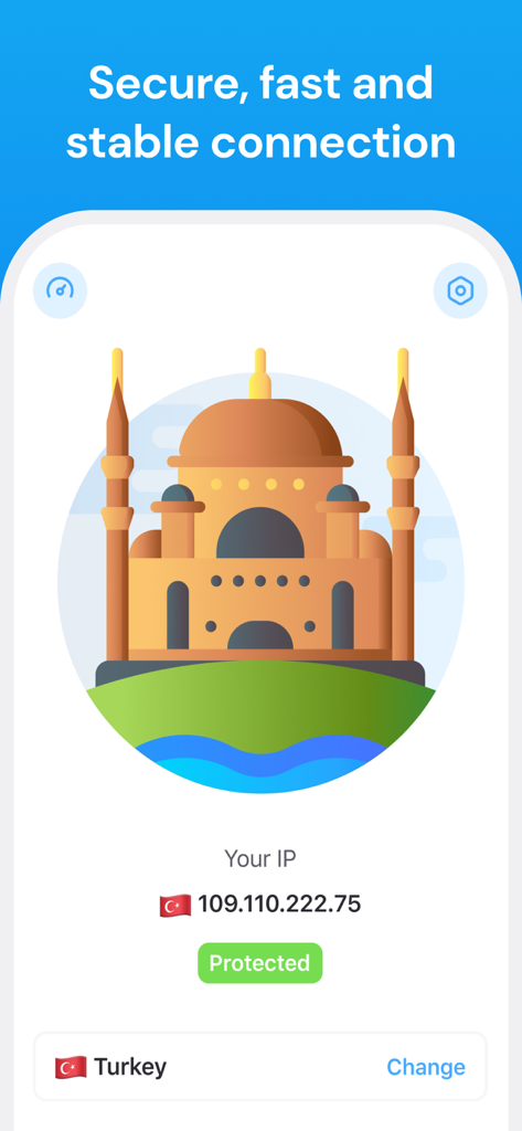 터키에 서버가 위치한 보호된 연결을 보여주는 Aloha VPN 모바일 앱 인터페이스.