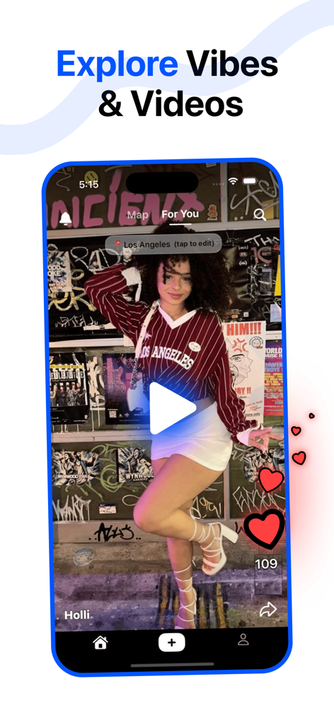 Tea On Her & Him - Overheard - 오버히어드 앱에서 '바이브 탐색' 및 '동영상'이라는 제목의 동영상 피드를 보여주는 모바일 앱 스크린샷.