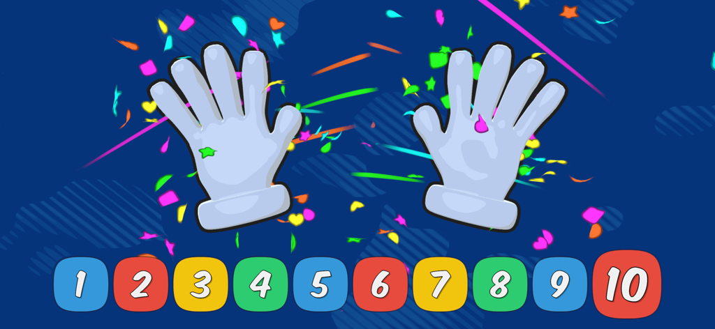 I Can Count to Ten - Cartoon hands counting to ten with colorful confetti and number buttons