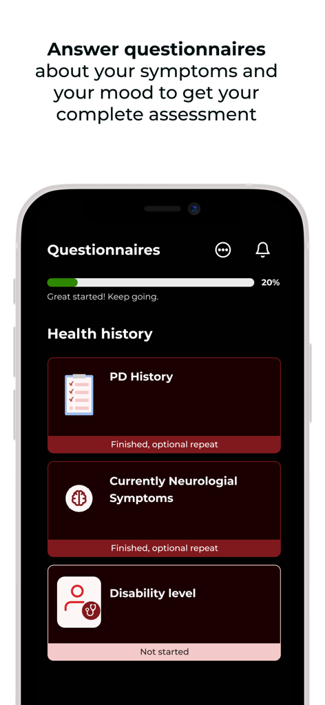 A mobile app interface showing health history questionnaires for Parkinson's symptoms and disability assessment.