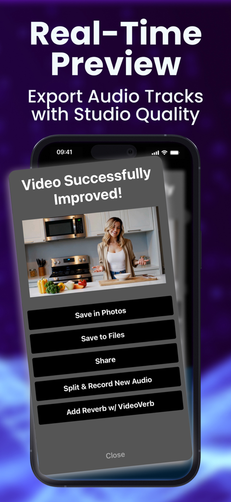 Audio Cleaner: Volume Booster - Audio Cleaner app interface showing a successfully improved video with options to save and export studio quality audio